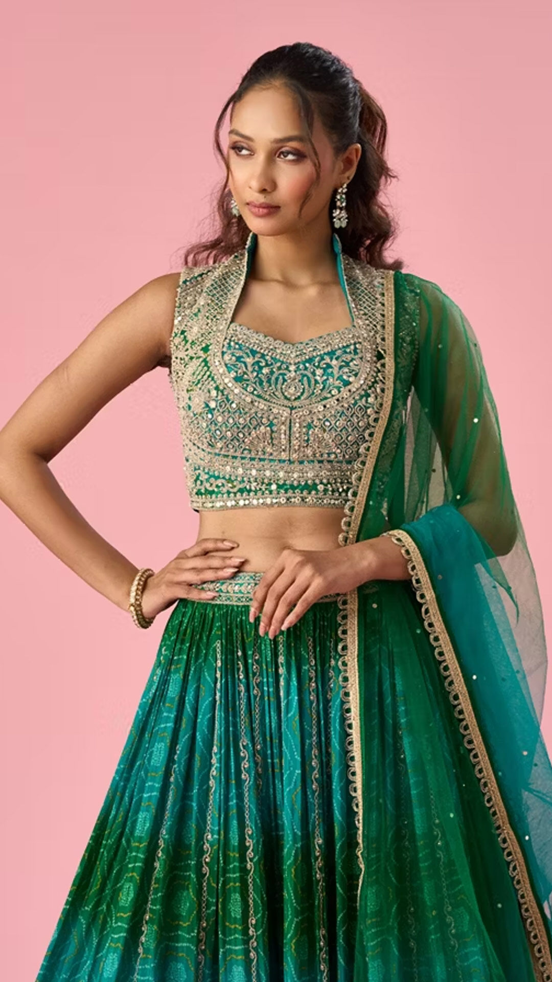 Woman wearing a traditional Navratri outfit in vibrant festive colours